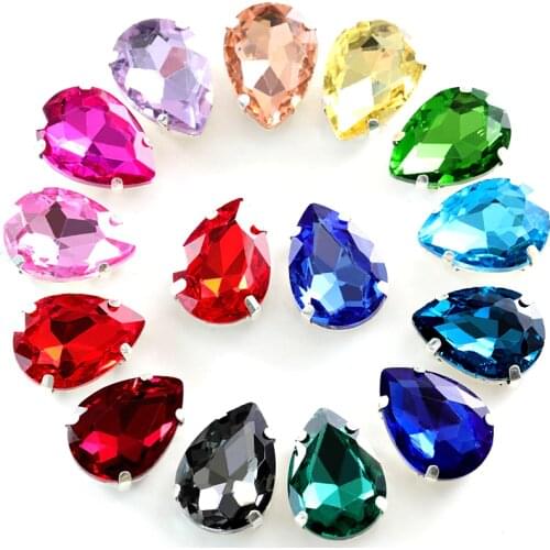 Mix Colors 5 Sizes Glass Crystal Sew On Rhinestone Silver Claw Teardrop Flatback WaterDrop Sew On Claw Rhinestones For Bag B0335