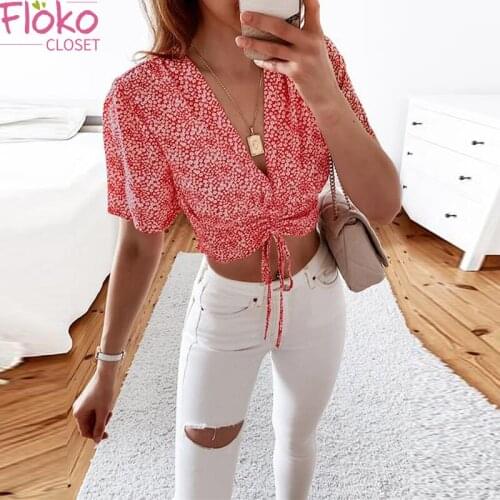 Flokocloset Summer Floral Print Drawstring Crop Tops Summer V-Neck Short Sleeve T Shirt Women Streetwear Tee