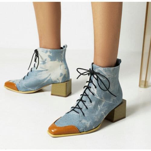 Ladies Denim Short Boots Fashion Color Matching Four Seasons Womens Shoes Comfortable Square High Heel Cross Tied Tooling Boots