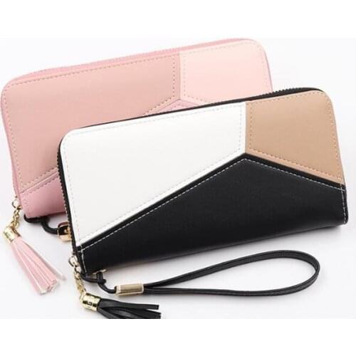Geometric Contrast Color PU Ladies Wallet Long 2020 Fashion Ladies Wallet Tassel Zipper Wallet Large Capacity Purse Card Holder