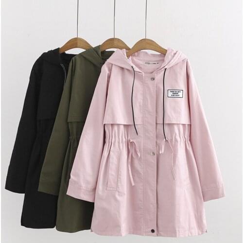 Fat-sister womens trench coat 2018 autumn big yards fashion waist belt in long style hooded windbreaker