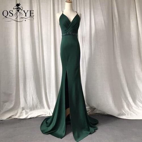 Emerald Evening Dress Mermaid Long Prom Gown Open Back Sexy V Neck Green Dress Women Ruched Waist Beading Sash Party Dress Train