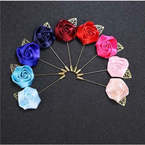 10Pcs/Lot Best Man Groom Boutonniere Silk Satin Rose Flower men buttonhole Wedding Party Prom Man Suit Corsage Pin Brooch