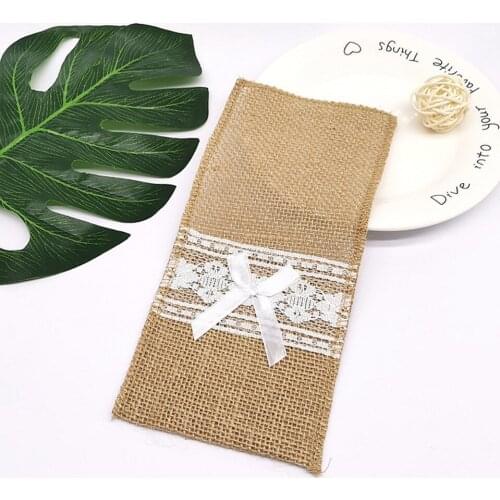 10pcs Natural Jute Burlap Lace Cutlery Holders Fork Knife Packaging Pouches for Wedding Party Table Decorations Christmas