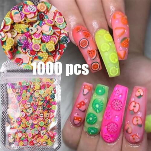 1000Pcs/Bag 3D Fruit Feather Flowers Animals Mix Designs Tiny Slices Polymer Clay DIY Nail Art Decorations Manicure Accessories