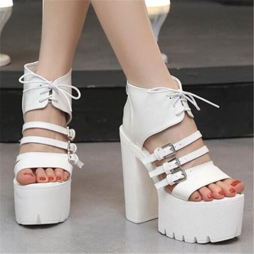 Ankle Strap Summer Fashion Platform Women Sandals Waterproof PU Lace Up 14.5CM Thick High Heels Open Toed Party shoes woman 2020