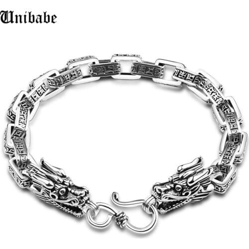Pure Silver 925 Solid Silver Carved Buddha Lection Link Chain Dragon Head S925 Bracelet Hand Chain