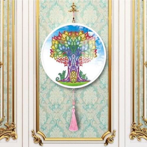 DIY Tree Diamond Painting Mural with Pink Tassel Bedroom Decor Home Crafts