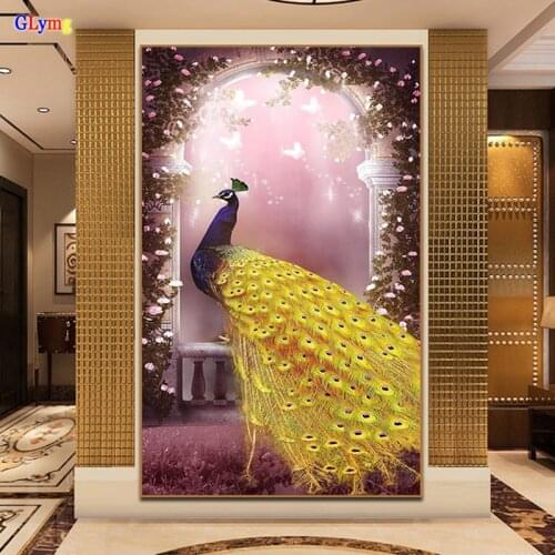 GLymg New Diy Peacock Diamond Embroidery Vertical Engraving Diamond Painting Cross Stitch Shaped Round Full Entrance Home Decor