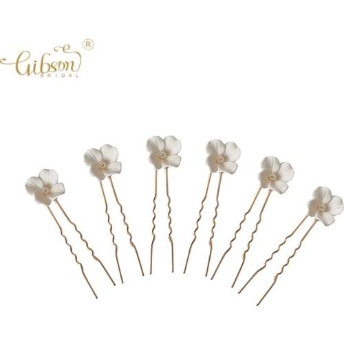 Ins style 6pcs Set Bridal Handmade Hair Pins Wedding Headpiece Hair Jewelry Ceramic Flower With Freshwater Pearl
