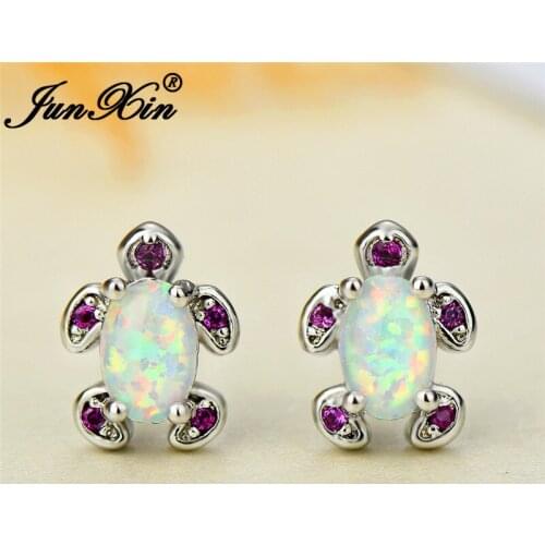 JUNXIN Cute White Blue Fire Opal Turtle Stud Earrings For Women Silver Color Oval Birthstone Red Zircon Earrings