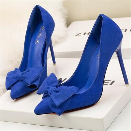 Korean Version 2021 New Fashion Sweet Stiletto Super High Heel Shallow Mouth Pointed Suede Bow Womens Shoes Wedding Shoes