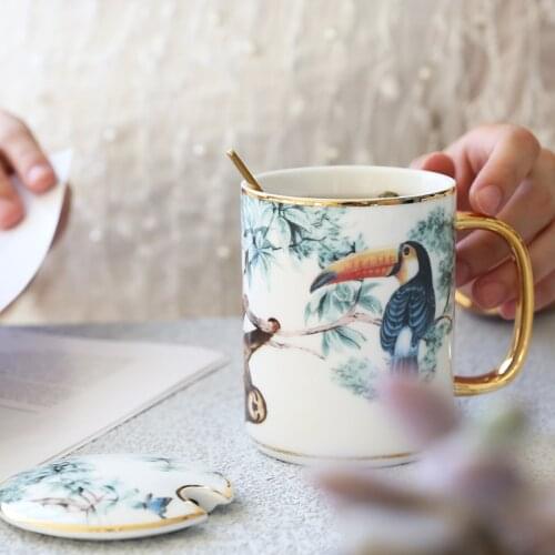 Creative Gold Handle Animal Ceramic Mug Coffee Cup Office Water Cup Afternoon TeaCup Breakfast Milk Cup With Lid Spoon