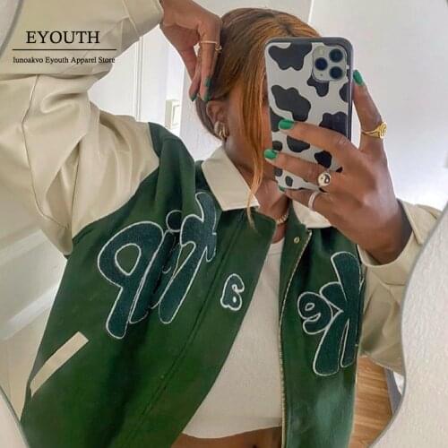 Bomber Jackets 2021 Autumn 'TAKE A TRIP' Outwears Women Grass Green Contrast Sleeve Jacket with Letter Applique Baseball Jacket