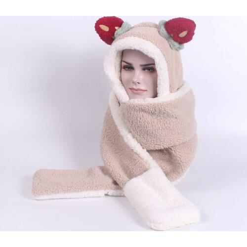 Cartoon Plush Animal Faux Fur Full Hood Strawberry Hat Women Girls Kids Costume Beanie with Long Scarf Mittens Gloves Earmuffs