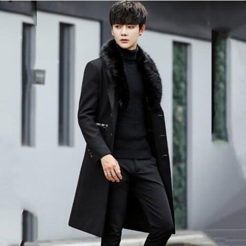 2020 Men New Winter Woolen Fur Collar Long Coat Warm Outwear Slim Coat Men Long Winter Trench Coat chaqueta invierno hombre
