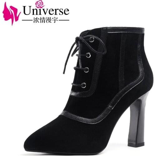 Universe J207 new arrival elegant suede leather lace-up women winter ankle boots high heel ladies boots 2020