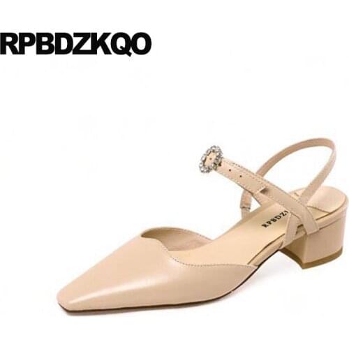 Shoes Double Strap Sandals Block High Heels Pointed Closed Toe Nude Diamond Female Women Jewel Pumps Rhinestone Genuine Leather