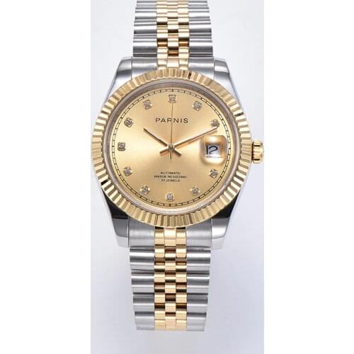 Parnis 39.5mm Top Mechanical Watch Stainless Steel Bracelet Calendar gold Dial Miyota 8215 Automatic Movement Mens Wristwatch