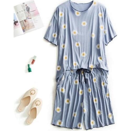 Students pajamas set short sleeve shorts print sleepwear modal cotton pyjamas women loose casual nightwear ladies pijama suit