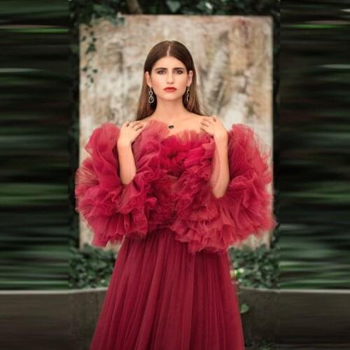 Birdal Floral Tulle Dresses Off The Shoulder Long Women Tulle Maternity Robes Fluffy Sleeves Flower Tulle Ruffled Dress