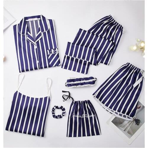 Silk Pajamas Set Stripe Sexy Blue Homewear Long Sleeve Shirt Pants Smooth Lingerie Female kPaCotAkoWka 2020 New Sleepwear