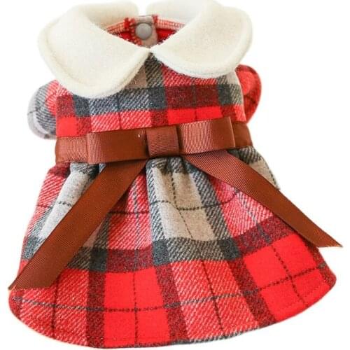 Tartan Warm Princess Dog Clothes Student Doll Collar Bowknot Checked Woolen Dress for Dogs