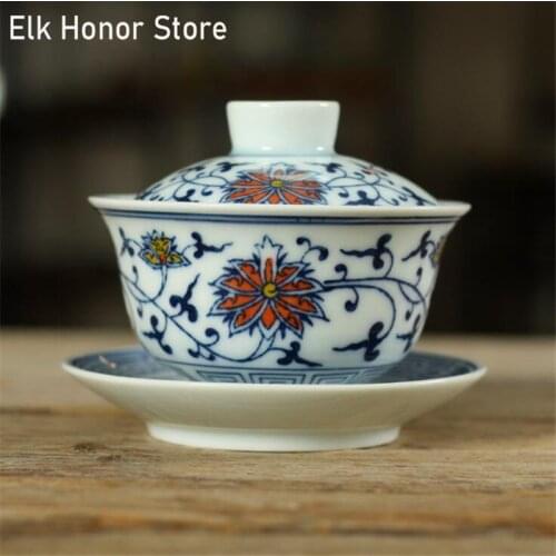 150ml Blue and White Ceramic Sancai Gaiwan Teacup Handmade Tea Bowl Set Chinese Tea Tureen Porcelain Accesso Drinkware Teaset