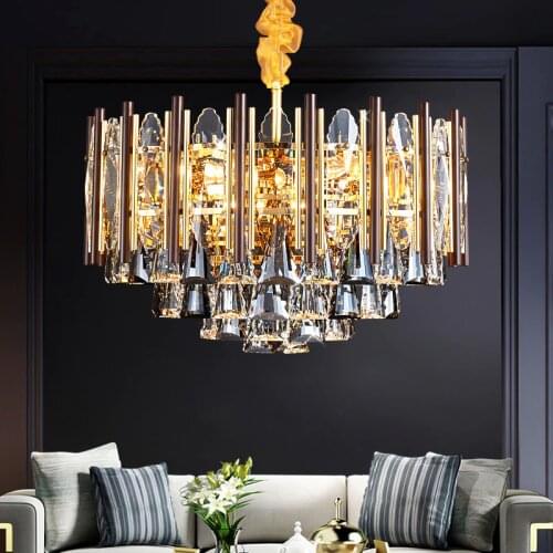 Modern K9 Crystal Led Chandeliers Lighting Gold Metal Living Room Led Pendant Chandelier Lights Dining Room Led Hanging Lamp