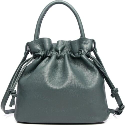 Genuine Leather Women Bucket Shoulder Bag Drawstring Hand Totes