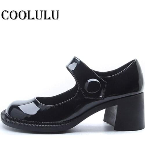 COOLULU 2021 Spring Mary Janes Shoes Women Patent Leather High Heels Button Thick Heel Dress Pumps Ladies Footwear Black Size 43