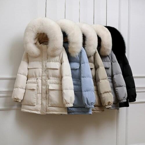 Winter White Duck Down Coats Women Puffer Jackets 2021 Fashion Real Fox Fur Collar Short Hooded Female Adjustable Waist Outwear
