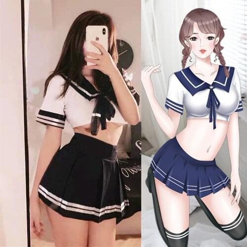 Women School Girl Role Play Students Costumes Set See-through Transparent Top with Mini Skirt Sexy Cosplay for Adult Uniform