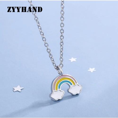 Platinum-Plated Women Rainbow Pendant Necklace Girl Smile Cloud Small Charm Cross Chain Lady Neck Jewelry
