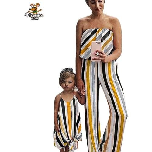 Mother Daughter Dresses Family Matching Outfits Off Shoulder Women Rompers Striped Girl Dress For Mommy Me Family Look