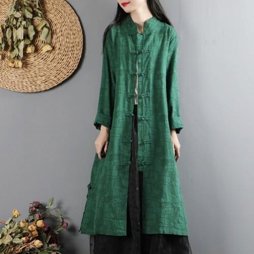 2020 Chinese Style Trench Coats Spring Mandarin Collar Long Jackets For Women Robe Vintage Femme Han Chinese Clothing FF2927