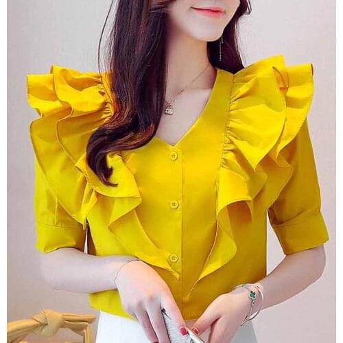 Blouse Women Blusas Mujer De Moda 2021 Ruffles V-neck Chiffon Blouse Shirt Women Tops Short Sleeve Tops Women Shirts Blusas D234