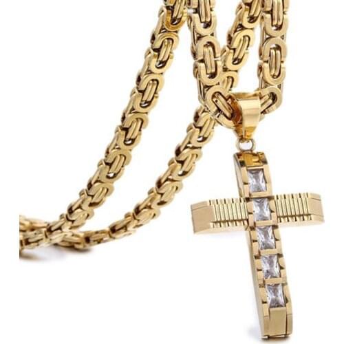 Cross Pendant Mens Woman Necklace on the Neck Gold Color 6mm Byzantine Chain Hip-Hop Boys Jewelry Wholesale Accessories Gifts