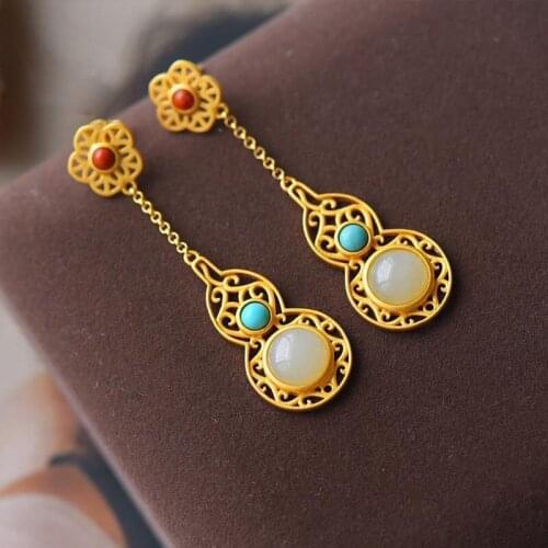 Gourd Long Earrings Elegant Classical Gold Plated Hetian Jade Ear Studs Womens Retro Easy Matching Exquisite S925 Sterling Silv