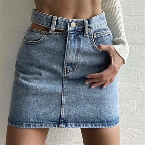 DOUJILI Hot Selling Blue Black High Waist Denim Short Skirts Side Hollow Out Pocket Fashion Women Skirts