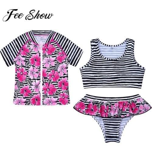 3Pcs Kids Girls Clothes Bikinis Set Swimsuit Swimwear Sleeveless Striped Vest Short Sleeves Zipper Floral Print Coat with Briefs