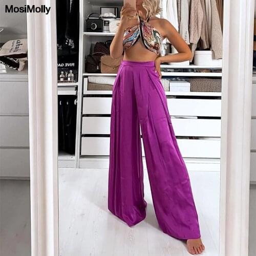 MosiMolly 2021 Summer Wide Leg Pants Women Boho Beach Long Pants Female Bottom Empire Waist