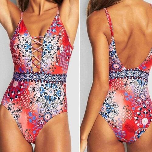 Hot kf-Female Bikini Sexy Hollow Open Back Cross One-Piece Swimsuit Red