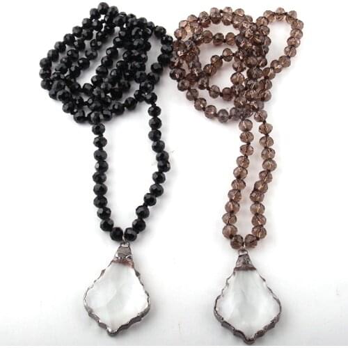 Fashion Bohemian Jewelry Glass Crystal Long Knotted Black Gun Glass Drop Pendant Necklaces