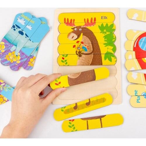 Cartoon Animal Fruit Dinosaur Pattern Double-Sided Wooden Strip Puzzle Childrens Creative Jigsaw Early Learning Toys