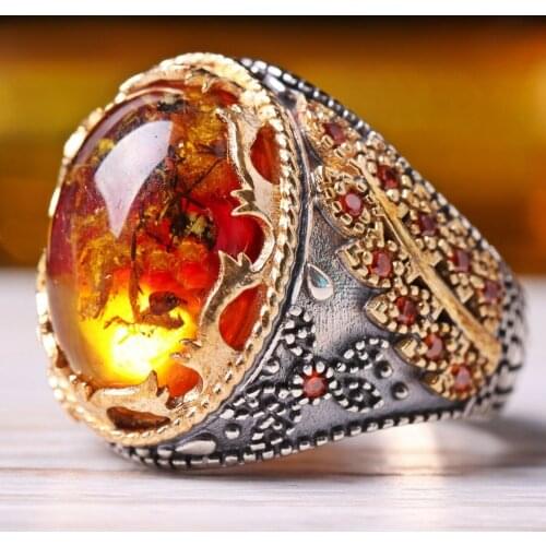 Sterling 925 silver mens ring Turkish handmade jewelry fosil amber all sizes