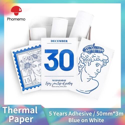 Phomemo T02/M02 Sticker Paper Blue on White Thermal Paper-5-Year Non-Sticky 53mmx5m for Journal Photo Texts Study Notes 3 Rolls