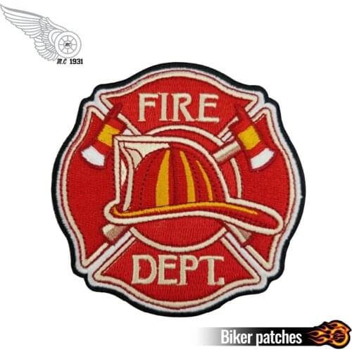 Fire Dept Patch with Hard Hat and Axes Embroidery Badges Iron On Patches Front Clothing Applique 3.5 Inch