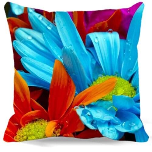 Blue and Orange Chrysanthemum Flowers pattern Square 16" 18" 19" Pillow Case cushion Cover for Kids Blue Green Super Soft Gift