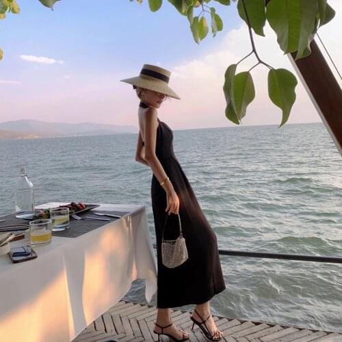 Dabourfeel Sexy v-Neck Split Halter Dress Solid Color Summer Bodycon Sandy Beach Style Backless Party Club Long Sundress 2021